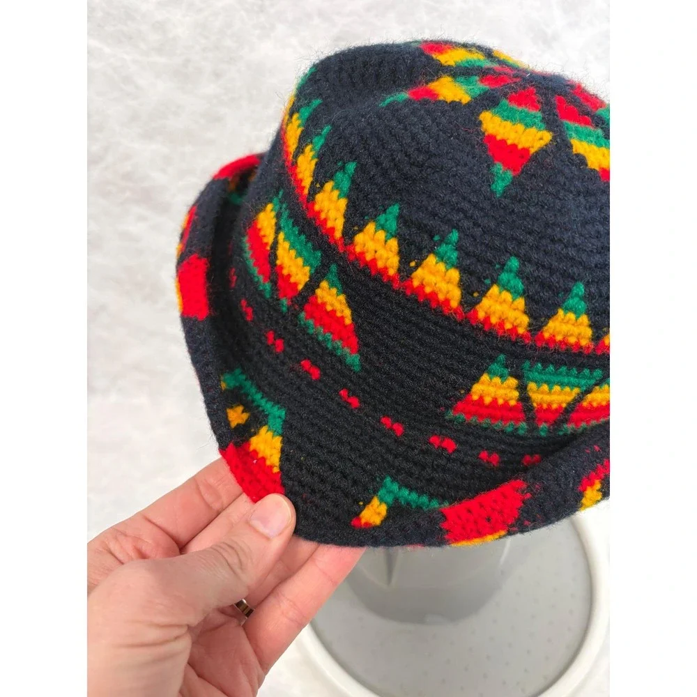 Vintage Handmade Rasta Crochet Bucket Hat Black Red Yellow Green‎ Geometric Star